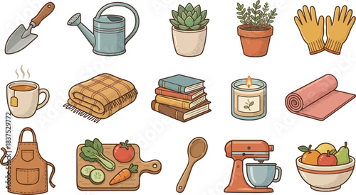 Cozy illustration set featuring domestic household objects, gardening tools, kitchen items, and leisure activities.