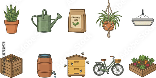 Hand-drawn icons of sustainable home gardening tools, including plants, compost, and beehives.