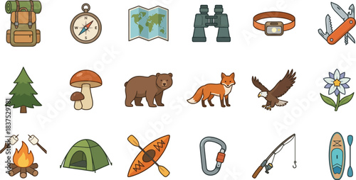 A comprehensive flat vector icon set for hiking, camping, and outdoor adventure activities.