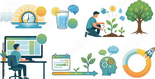 A flat design illustration of productivity icons including routine, personal development, healthy habits, and business growth.