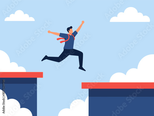 Determined businessman jumping over a dangerous gap to overcome career obstacles and achieve success.