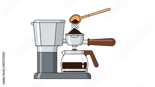 Modern Coffee Maker With Glass Carafe And Portafilter Being Filled With Ground Coffee Beans From A Spoon With A Clean Minimalist Aesthetic On A Black Background