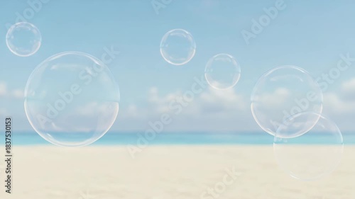 Transparent bubbles floating above sandy beach with ocean backdrop, summer concept