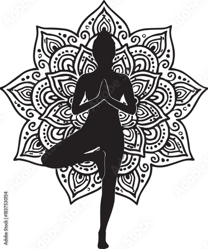 Silhouette woman meditating in vrksasana pose against mandala