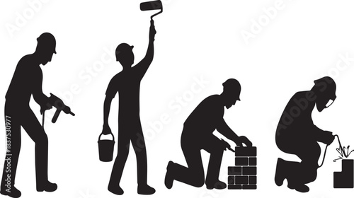 Construction workers performing different tasks, silhouette on white background