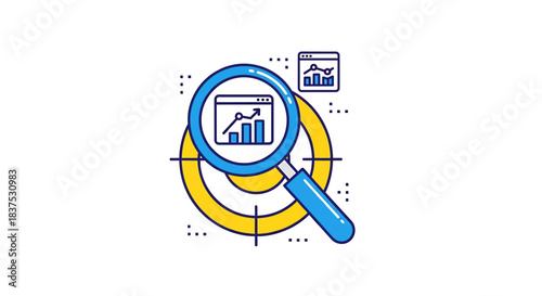Data Analysis and Financial Growth Visualization with Magnifying Glass, Graph, and Chart Icons, Digital Illustration, Flat Design, Business Concept
