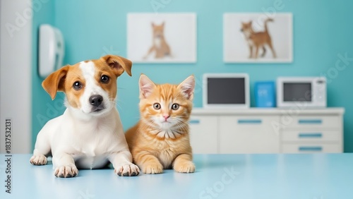 Cute Dog and Cat Sitting on Table in Veterinary Clinic with Blue Walls and Animal Artwork