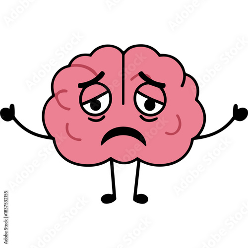 Depressed Pink Brain Character With Sad Eyes and Frowning Mouth on Black Background Expressing Mental Health Issues and Sadness