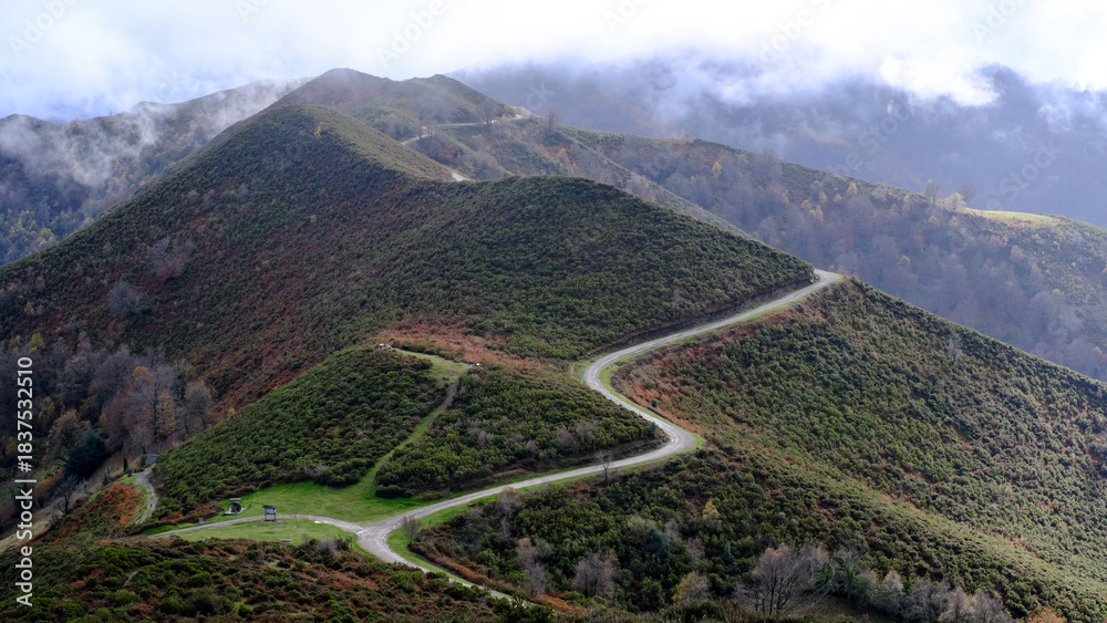 Naklejka premium Scenic mountain landscape in San Martin del Rey Aurelio, Asturias, Spain.