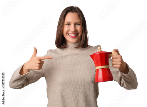 Beautiful young woman pointing at geyser coffee maker on white background