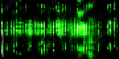 Seamless abstract background of green squares and bright particles. Abstract gradient background. Background for web design. Small square simple computer mosaic blocks. 3D vector