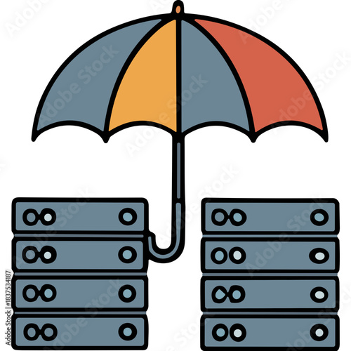 Digital Data Security And Protection Server Rack Under Umbrella Shielding From Cyber Threats And Network Outages With Blue Orange And Red Colors On A Black Background