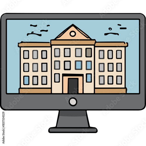 Digital Representation of an Ornate Building Displayed on a Computer Monitor Screen With a Light Blue Background and Birds Flying in the Distance