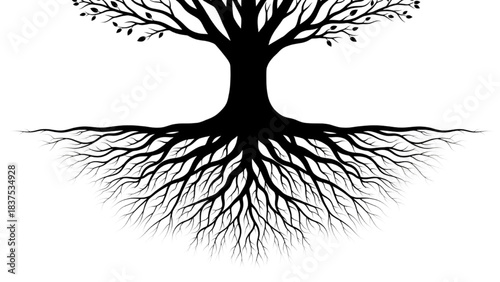 Vibrant silhouette of a strong tree with deep, intricate roots symbolizing life and growth and ecological connection