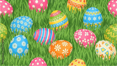 Vibrant assortment of decorative Easter eggs nestled among lush green grass, symbolizing springtime celebration and holiday joy
