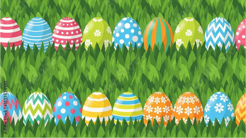 Happy Easter illustrated eggs on green grass background