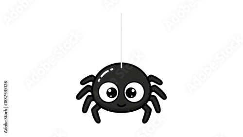 Charming black cartoon spider with big eyes happily hanging from a silky web thread