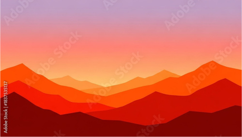 Crimson sunset over layered mountain ranges under a vibrant gradient sky