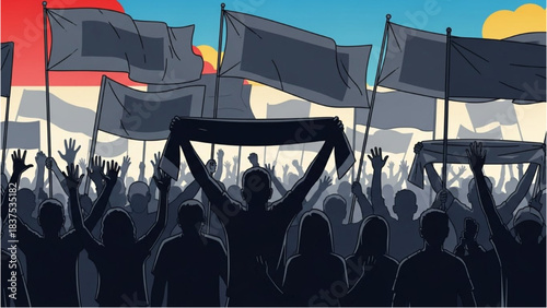 Protestors with flags and banners raised high in the air, a demonstration of unity