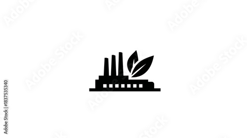 Eco-friendly factory icon with leaves, symbolizing sustainable industry, green manufacturing, environmental protection, and clean energy production.