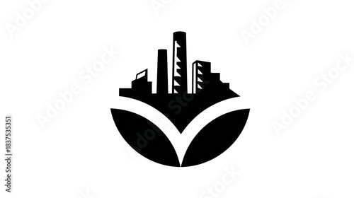Modern City Skyline Silhouette with Abstract Leaf Icon. Urban Development, Green Growth & Sustainable Living Concept Graphic Design