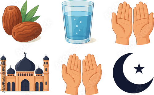 Essential symbols for breaking the fast during Ramadan including dates water prayer hands mosque and crescent moon