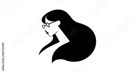 Elegant woman profile silhouette with long dark hair and eyeglasses. Minimalist vector illustration for beauty and intelligence concepts.