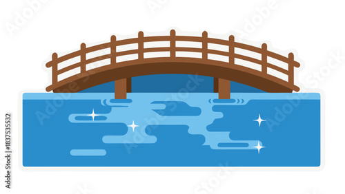 Pixel Art Wooden Arch Bridge Over Rippling Blue Water with Sparkling Highlights Isolated on Black Background Simple Design