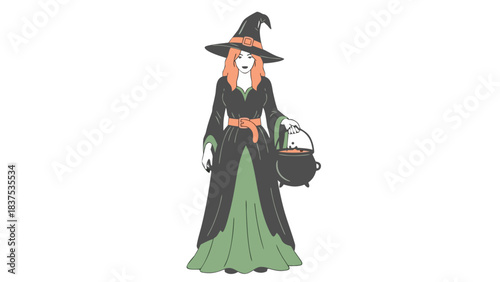 Pixel Art Witch Character Holding Cauldron in a Simple Green and Gray Dress with Orange Accents and a Pointed Hat on a Black Background