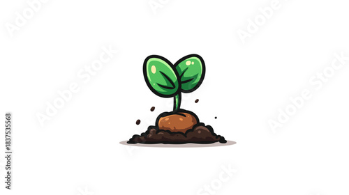 Cute cartoon green sprout emerging from a seed in fertile soil, symbolizing new beginnings, growth, and natural development.
