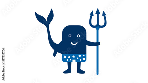 Cute cartoon blue sea creature character in polka dot swim shorts holding a trident, playful summer ocean mascot vector illustration