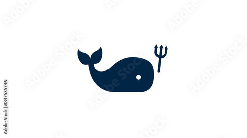 Cute cartoon blue whale icon holding a trident. Stylized marine animal graphic illustration representing ocean life and power.