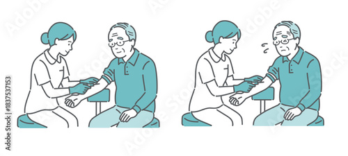 採血に臨む高齢男性患者の比較イラスト（平常心 vs 緊張・不安）