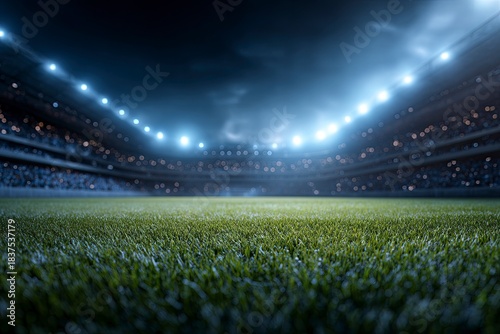 a wide-angle photograph of an open soccer stadium filled with fans, taken at night with the lights on. the image depicts a green grass field and a blue sky, with a photorealistic, high-resolution,