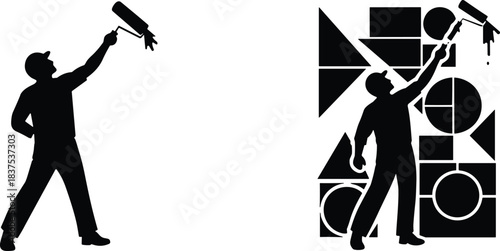 Painter silhouette illustration, paint roller action, geometric wall design, artistic transformation, vector graphic, creative concept, art, worker, tool, job