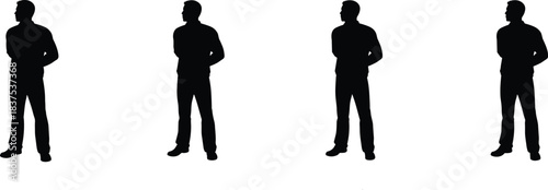 Standing person silhouette illustration, hands behind back, repetition pattern, identical figures, vector graphic, art design, posture pose, minimal style