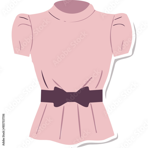 Elegant pastel pink short sleeve blouse with a dark purple belted waist and a bow accent featuring a high neckline and a simple minimalist design perfect for fashion photography