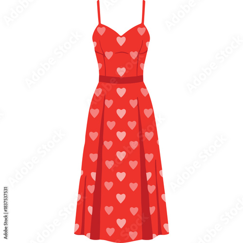 Elegant Red Sleeveless Sundress with All Over Light Pink Heart Pattern and Fit and Flare Silhouette on a Black Background