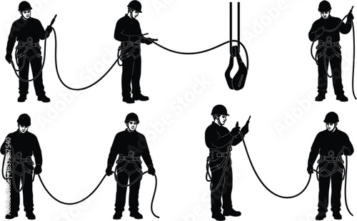 Rope safety worker silhouette illustration, climbing gear, industrial job, construction harness, vector graphic, art design, labor pose, secure technique