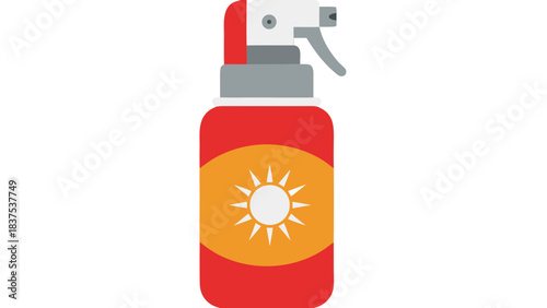 Red Sunscreen Spray Bottle with Orange Label Featuring a Sun Icon on a Black Background