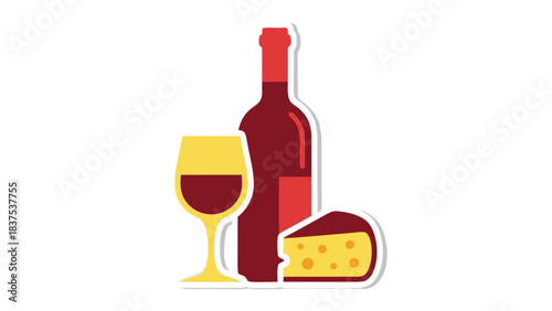 Red Wine Bottle With Glass And Cheese Wedge Against Black Background Minimalist Flat Design