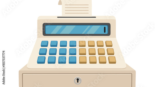 Retro Cash Register Machine with Paper Receipt Display and Numeric Keypad in Beige and Blue Tones Isolated on White Background Simple Flat Illustration Style