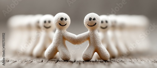 Two figures holding hands, smiling; others blurred in background