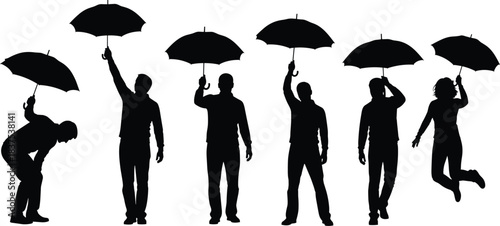 Title: Set of black silhouette vector illustrations showing diverse people holding and interacting with open umbrellas, depicting rain, weather, protection, and seasonal 