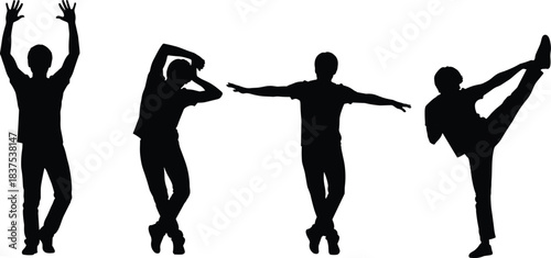 Title: Silhouette of young male dancer performing expressive and dynamic modern dance poses like a triumphant jump, artistic flex, balanced extension, 