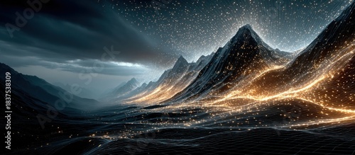 Mountain landscape with glowing lines, dark clouds, and a mysterious glow