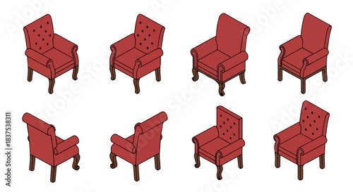 Red armchairs set in various views