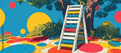 Whimsical illustration of a ladder under a tree, polka dots adorn the background