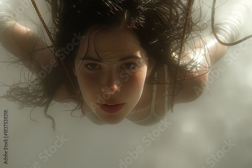 Graceful young woman practicing aerial yoga with elegance and strength in a serene setting