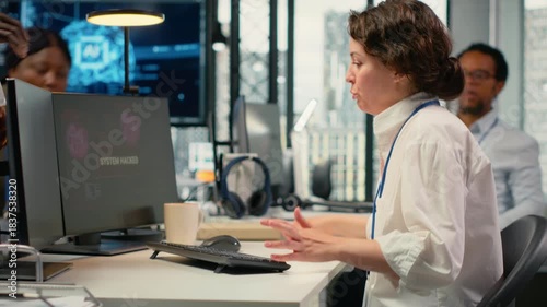 Scared admins in office panicked by alert, trying to stop hacker intrusion stealing sensitive data. Startup coworkers doing frantic incident response to network attack from cybercriminal, camera B